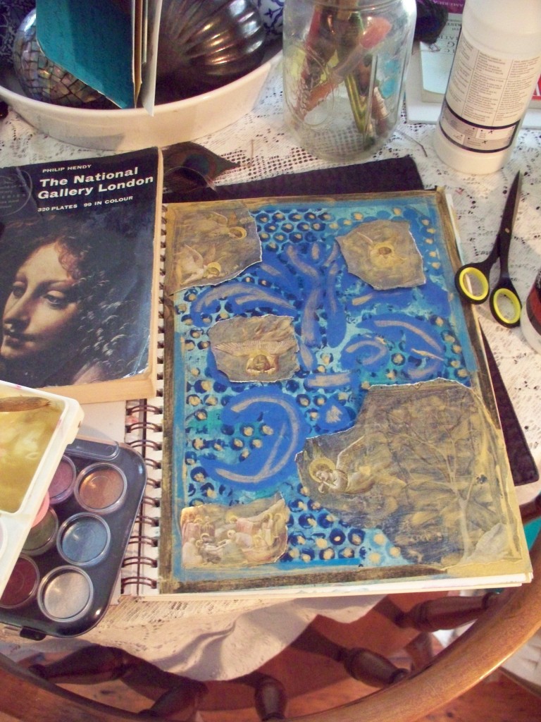 Journal page in progress, with cut outs from Giotto, and the Leonardo angel who lead me to the treasure box.